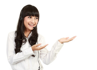 a portrait of asian businesswoman with headset presenting