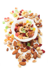 Nuts and dried fruit isolated on white