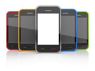 Group mobile smartphones with empty white screen 3D. Icon. Isola