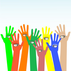 happy multicolored hands with beautiful eye vector