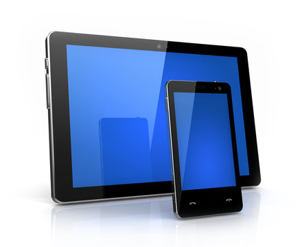 Modern digital pad and phone  with blue screen isolated