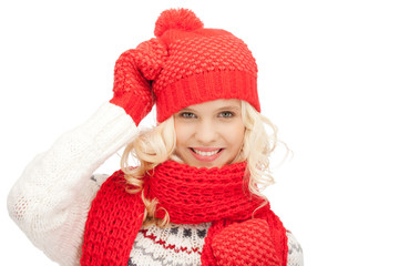 beautiful woman in hat, muffler and mittens