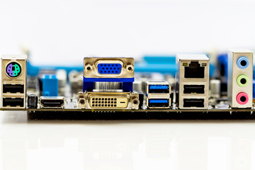 back panel connectors of the modern computer motherboard