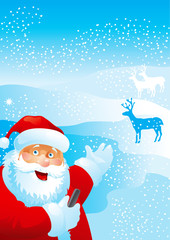 Welcome! Vector of Santa Claus, with mobile phone and deers