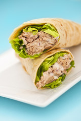 Two tuna melt wrap on a white plate