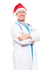 happy doctor in red santa hat