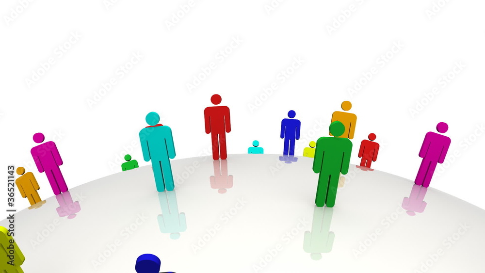 Poster colored 3d men standing on a moving globe
