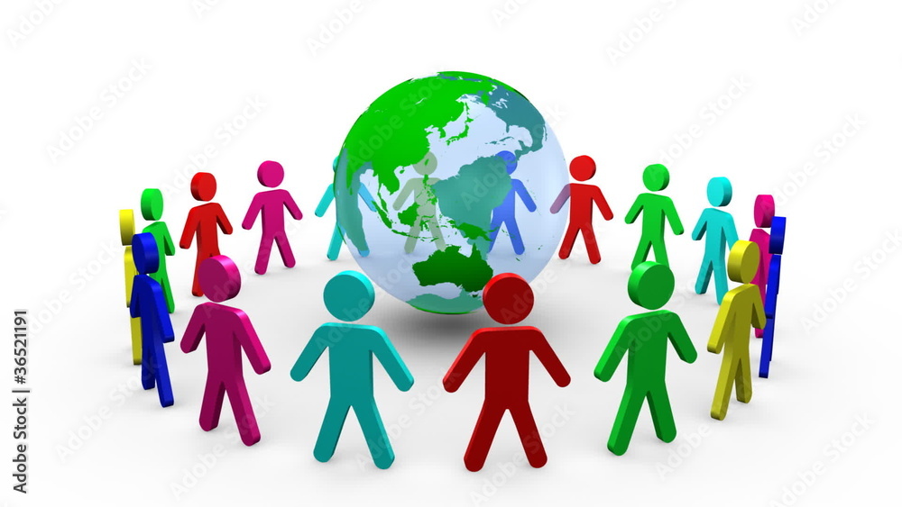 Poster colored 3d men around a planet globe