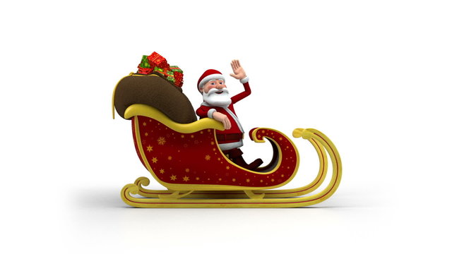 Cartoon Santa Claus riding in his sleigh and waving
