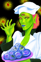 Happy goblin chef with delicious food