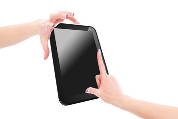  hand holding a touchpad pc, one finger touches the screen