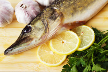 Raw pike with cooking ingredients