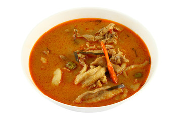 Pork spicy curry of thai people on white background.