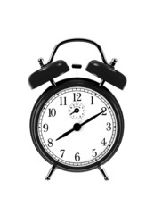 close up of black bell clock (alarm clock) isolated on white bac