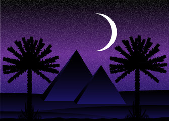 Sahara desert with egyptian pyramids at night
