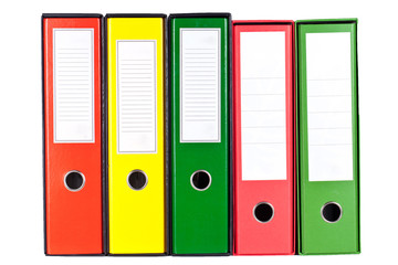 Red, green and yellow office folders with boxes isolated on whit