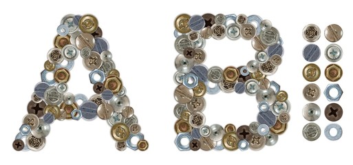 Characters A and B made of nuts and bolts head