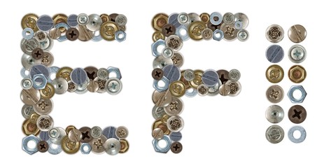 Characters E and F made of nuts and bolts head