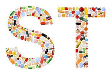 Characters S and T made of colorful pills