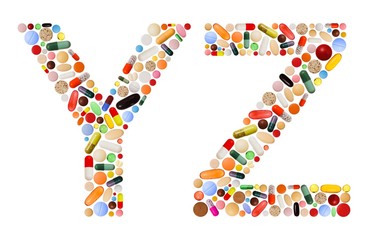 Characters Y and Z made of colorful pills