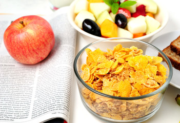 Breakfast Cereal Bowl, Fruit Salad, Apple and Magazine