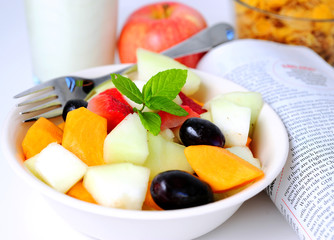 Fruit Salad Bowl, Magazine, Milk, Apple, Cereal, Breakfast
