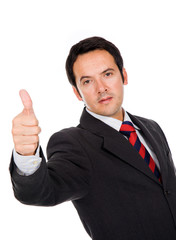 young business man thumb up on white background