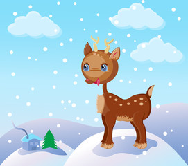 christmas winter scene with a cartoon reindeer
