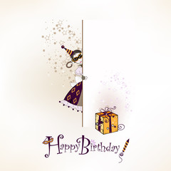 Festive happy birthday postcard with funny girl character.