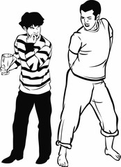 sketch of a guy singing the other listens and eats