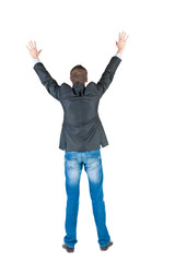 Back view of shocked and scared young business man.