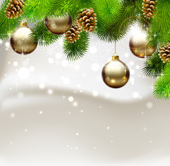 Christmas background with fir tree, cones and evening balls