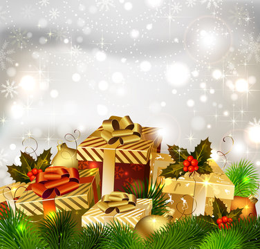 Christmas background with deferent  gifts and green fir tree