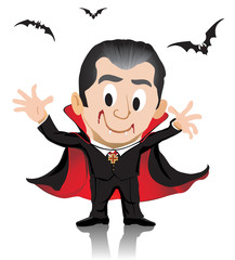 Isolated Dracula with costume scare drink blood with bats flying