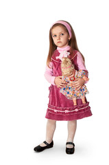 girl in red with a doll on a white background