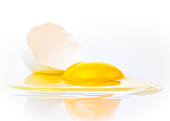 Broken egg on a white background with a bright yellow yolk