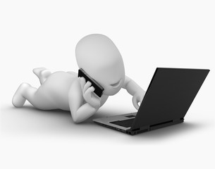 sleep playing notebook and talking with telephone