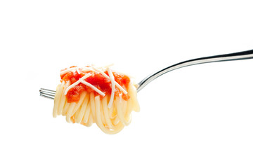 Fork with spaghetti, tomato sauce and cheese