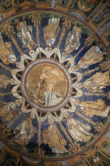 Mosaic interior of Dome in Romansque Church in Ravenna Italy
