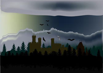 castle and bats illustration