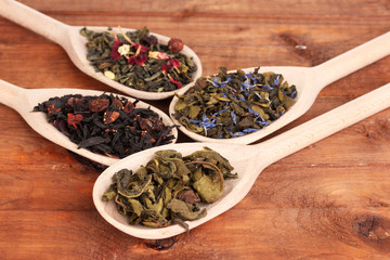 Different kinds of dry green and black tea in spoons
