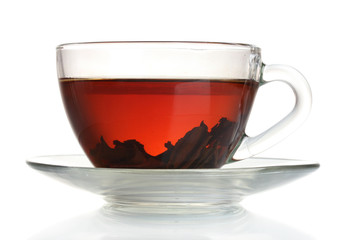Black tea in glass cup isolated on white