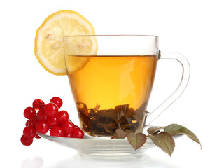 Green tea  with red viburnum and lemon in glass cup