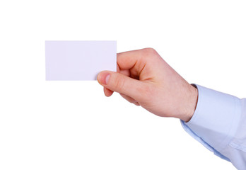 Hand holding an empty business card over white