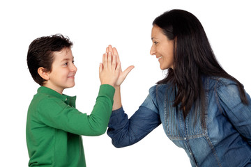 Adorable mother and her son making a handshake