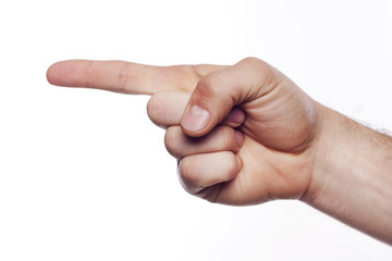 Man’s hand pointing at empty space