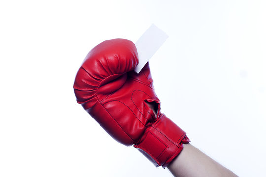 Boxing gloves holding empty business blank