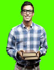 man holding books against a removable chroma key background