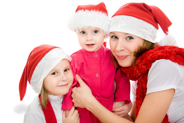 Happy Christmas woman with children on a white background.