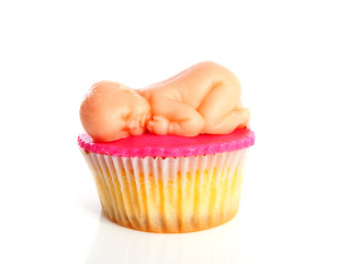Pink Birth cupcake with marzipan baby